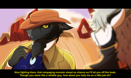 anthro black_body black_fur black_markings cloak clothed clothing cowboy_hat day depth_of_field desert dialogue duo fangs fur hair hat headgear headwear horn male markings multicolored_body multicolored_fur outside scales sky smile teeth text tongue topwear white_body cosmic_noodle asian_mythology east_asian_mythology fallout microsoft mythology devon_(cosmic_noodle) dragon eastern_dragon mythological_creature mythological_scalie night_stalker_(fallout) scalie 5:3 digital_media_(artwork) english_text hi_res shaded