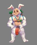 balls big_balls big_penis bodily_fluids bunny_costume carrot clothing costume erection food fur genitals humanoid_genitalia humanoid_penis male nude penis plant simple_background size_difference slightly_chubby slightly_chubby_male smaller_male smile solo vegetable mafekoba league_of_legends riot_games tencent teemo_(lol) yordle hi_res