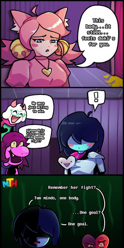 4_panel_comic ambiguous_gender anthro bell_accessory biped black_hair bloodshot_eyes blue_body blue_skin blush blush_lines blush_stickers clothed clothing detailed_background dialogue exclamation_point eyes_closed eyewear female female/ambiguous floppy_ears fur glasses green_eyes group hair hair_over_eyes inner_ear_fluff logo love male open_mouth open_smile pink_body pink_fur pink_hair pink_scales scales scarf shadow_face smile speech_bubble talking_to_another tan_body tan_skin text tuft wearing_glasses white_body white_fur white_inner_ear_fluff yellow_sclera mersadthehuman deltarune undertale_(series) kris_dreemurr mad_mew_mew mew_mew_(undertale) pink_(deltarune) ralsei susie_(deltarune) animal_humanoid bovid caprine darkner felid felid_humanoid feline feline_humanoid goat human humanoid mammal mammal_humanoid scalie soul_(undertale) 2026 artist_logo comic digital_drawing_(artwork) digital_media_(artwork) english_description english_text hi_res