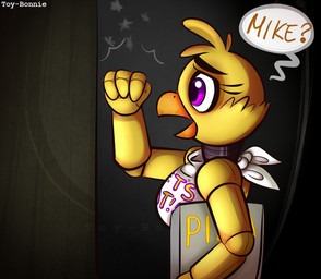 anthro beak bib biped box container dark female knocking machine pizza_box purple_eyes solo toy-bonnie five_nights_at_freddy's scottgames chica_(fnaf) animatronic avian bird chicken galliform phasianid robot
