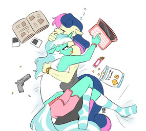 anthro anthrofied bottomwear clock clothing computer duo electronics female footwear fur green_body green_fur horn laptop legwear pattern_clothing pattern_footwear pattern_legwear pattern_socks shorts sleeping socks sound_effects striped_clothing striped_footwear striped_socks stripes vowelless vowelless_sound_effect watch zzz redxbacon friendship_is_magic hasbro my_little_pony mythology bonbon_(mlp) lyra_heartstrings_(mlp) earth_pony equid equine horse mammal mythological_creature mythological_equine pony unicorn