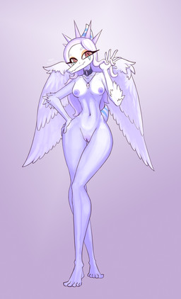 anthro areola biped blue_body bone_frill breasts butt butt_from_the_front choker choker_only collar elbow_feathers feathered_wings feathers feet female fingers frill_(anatomy) front_view genitals grey_body hair hand_on_hip humanoid_feet humanoid_genitalia humanoid_hands humanoid_vulva jewelry long_hair looking_at_viewer markings medium_breasts mostly_nude_anthro mostly_nude_female mouth_closed navel necklace necklace_only nipples non-mammal_breasts non-mammal_hair non-mammal_navel non-mammal_nipples non-mammal_vulva nude nude_anthro plantigrade pose pycnofibres red_eyes short_tail simple_background smile solo spiked_collar spikes standing striped_markings stripes tail text toes vulva white_body white_feathers white_hair wide_hips wings alexsavenije goodbye_volcano_high ko_op_(game_developer) fang_(gvh) prehistoric_species pterosaur reptile scalie 2024 absurd_res artist_name colored digital_media_(artwork) full-length_portrait hi_res pinup portrait shaded