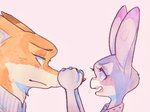 anthro blush clothed clothing duo eye_contact fur grey_body grey_fur looking_at_another open_mouth orange_body orange_fur pink_background side_view simple_background strawberry628_(artist) disney zootopia judy_hopps nick_wilde canid canine fox lagomorph leporid mammal rabbit red_fox true_fox 2020 painting_(artwork) traditional_media_(artwork) watercolor_(artwork)