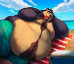 anthro beach belly belly_overhang big_belly clothed clothing cloud food fur humanoid_hands lying male moobs nipples obese obese_anthro obese_male outside overweight overweight_anthro overweight_male popsicle seaside solo swimwear topless water shibadoodles bear mammal 2022 absurd_res hi_res