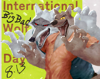 4_fingers anthro black_nose brown_body brown_fur claws clothing duo eyebrows fangs fingers fur fuzzy green_background green_clothing green_shirt green_topwear grey_body grey_fur intraspecies leaning leaning_forward looking_at_viewer male narrowed_eyes open_mouth open_smile orange_clothing orange_shirt orange_topwear raised_arm raised_arms red_eyes sharp_teeth shirt simple_background size_difference smile standing standing_behind tank_top teeth text topwear white_body white_fur yellow_eyes no-zp dreamworks international_wolf_day puss_in_boots_(franchise) the_bad_guys death_(puss_in_boots) mr._wolf_(the_bad_guys) canid canine canis mammal wolf crossover digital_media_(artwork) digital_painting_(artwork) english_text hi_res painting_(artwork)