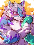 anthro biceps blowing_up blue_eyes blush fur inflatable_toy male multicolored_body multicolored_fur neck_tuft pecs pool_toy solo swim_ring tuft shimazanbagu lifewonders live_a_hero sadayoshi canid canine mammal 3:4 absurd_res hi_res