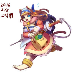 alternative_fashion anthro backpack barefoot big_breasts biped breasts clothing dress feet female fur hair headdress j-fashion lolita_(fashion) long_hair melee_weapon running simple_background solo text weapon white_background ni_jikan domestic_cat felid feline felis mammal japanese_text signature