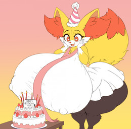 5_fingers anthro big_breasts birthday_cake breasts cake clothed clothed_anthro clothed_female clothing dessert dipstick_tail eyebrows eyelashes fangs female female_anthro fingers food fur gradient_background hat headgear headwear heart_pupils huge_breasts hyper hyper_breasts inner_ear_fluff markings nipple_outline open_mouth open_smile party_hat simple_background smile solo tail tail_markings teeth text thick_thighs tuft yellow_body yellow_fur phoxy nintendo pokemon niki_(dofunut) fennekin generation_6_pokemon pokemon_(species) 2025 english_text hi_res
