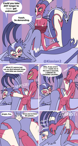 4_eyes 4_fingers animal_genitalia anthro ass_up back_spines beak bite black_beak blush bodily_fluids butt butt_grab canon_couple chair chest_tuft cloaca cloacal cloacal_penetration clothing desk dialogue dirty_talk duo erection eyes_closed feather_hair feather_tuft feathers feet fingers forehead_mark furniture genitals glowing_pupils grey_body grey_feathers hand_on_butt heart_(marking) hoot_(sound_effect) hooves horn inside kneeling larger_sub looking_back lying male male/male male_penetrated male_penetrating male_penetrating_anthro male_penetrating_male markings mouth_closed multi_eye multicolored_body nude nude_anthro office office_chair on_front onomatopoeia open_mouth penetration penile penile_penetration penis penis_in_cloaca profanity pseudo_hair red_body red_eyes red_penis red_sclera sex sharp_teeth shirt size_difference smile snort sound_effects spade_tail speech_bubble spiked_tail spikes spikes_(anatomy) spines squeezing striped_markings striped_tail stripes submissive submissive_anthro submissive_male table tail tail_feathers tail_markings talon_hands talons tears tears_of_pleasure teary_eyes teeth text toes tongue toothy_grin topwear tuft undressing undressing_self wallpaper_(decoration) yellow_sclera yellow_teeth kiaxian2 hellaverse helluva_boss blitzo_(helluva_boss) stolas_(helluva_boss) avian bird demon demon_humanoid horned_humanoid humanoid imp owl owl_demon absurd_res artist_name comic english_text hi_res watermark