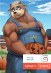 anthro brown_body brown_fur clothing eyewear food fruit fur glasses hat headgear headwear humanoid_hands male musclegut muscular muscular_anthro muscular_male overalls overweight overweight_anthro overweight_male plant pumpkin solo straw_hat text fenrirwolfen gumroad lifewonders patreon tokyo_afterschool_summoners volos_(tas) bear mammal 2019 english_text hi_res