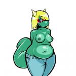 anthro belly blonde_hair breasts clothed clothing eyewear female glasses green_body green_skin hair horn inverted_nipples navel nipples non-mammal_breasts non-mammal_nipples simple_background slightly_chubby solo tail thick_tail topless white_background arcnod mythology dragon mythological_creature mythological_scalie scalie 1:1 2014 low_res