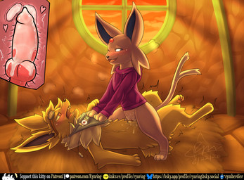animal_genitalia animal_penis blush bodily_fluids canine_genitalia canine_penis clothing cowgirl_position cum cum_in_vagina cum_inside cum_on_penis detailed_background duo ejaculation female female_penetrated feral from_front_position fur genital_fluids genitals heart_eyes heart_symbol internal internal_vaginal jewelry knot looking_pleasured male male/female male_penetrating male_penetrating_female necklace on_bottom on_top one_eye_closed open_mouth penetration penile penile_penetration penis sex smile tail tremble_spikes vaginal vaginal_fluids vaginal_penetration vulva rymherdier nintendo pokemon pokemon_mystery_dungeon spike_chunsoft jasper_(bgklonewolf) soruchee_(soruchee) eeveelution espeon generation_1_pokemon generation_2_pokemon jolteon mammal pokemon_(species) digital_media_(artwork) hi_res