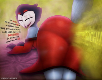 anthro bed big_butt butt clothed clothing dialogue fart fart_cloud fart_fetish farting_at_viewer femboy furniture looking_at_viewer looking_back lying male presenting presenting_hindquarters robe seductive solo text sloppysnuffer hellaverse helluva_boss stolas_(helluva_boss) avian avian_demon bird demon owl owl_demon english_text url