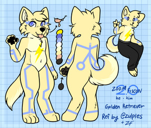 anthro belly blue_eyes blue_markings bottomwear clothing lightning_bolt lightning_bolt_marking male markings pants solo tan_body tongue tongue_out tron_lines yellow_markings zulples zoom_fiscon bird_dog canid canine canis domestic_dog golden_retriever hunting_dog mammal retriever hi_res model_sheet