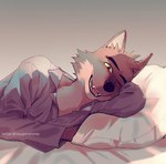 2022 anthro bed black_lips black_nose canid canine canis cheek_tuft clothed clothing collared_shirt digital_media_(artwork) dreamworks ears_front ears_up eyebrows facial_tuft fluffy fur furniture grey_body grey_fur inner_ear_fluff lips lying lying_on_bed male male_anthro mammal mr._wolf_(the_bad_guys) nosugarnohoney on_bed on_side open_mouth pajamas pillow signature simple_background smile solo teeth the_bad_guys tuft wolf yellow_sclera