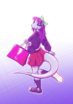 accessory anthro bow_ribbon clothed clothing dark_sclera eyelashes female footwear hair hair_accessory hair_bow hair_ribbon long_hair looking_at_viewer midriff pupils purple_hair ribbons shoes shopping_bag simple_background slit_pupils smile solo standing sweater tail topwear atrolux conditional_dnp shedding_inhibitions_(atrolux) monique_(atrolux) reptile scalie snake 2025 hi_res