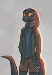 ambiguous_gender anthro bottomwear clothed clothing fangs fully_clothed grey_background jacket shorts simple_background solo tail teeth topwear enginetrap miles_(enginetrap) reptile scalie snake 2020 digital_media_(artwork) hi_res portrait shaded three-quarter_portrait male_(lore)