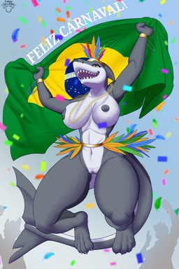 anthro big_breasts brazil brazilian_flag breasts digitigrade female fingers genitals holidays jewelry nipples non-mammal_breasts non-mammal_nipples non-mammal_vulva nude open_mouth simple_background smile solo tail teeth text vulva guispe_opockjha brazilian_carnival carnival_(holiday) aquatic fish scalie shark 2026 2:3 absurd_res digital_drawing_(artwork) digital_media_(artwork) hi_res shaded signature