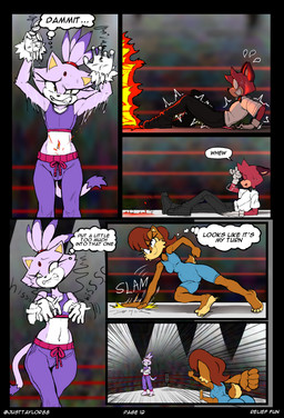 4_toes accessory anthro barefoot bodily_fluids bottomwear bow_tie clothing countershade_feet countershading crop_top elemental_manipulation eyelashes feet female fighting_ring fire fire_manipulation footwear forehead_gem gem hair_accessory hairband leotard male motion_lines onomatopoeia pants paws plantigrade shaking shirt shoes smoke sneakers soles sound_effects speech_bubble stadium standing sweat sweatdrop sweatpants text thought_bubble toes topwear himitsu justtaylor sega sonic_the_hedgehog_(series) the_murder_of_sonic_the_hedgehog barry_(sonic) blaze_the_cat sally_acorn chipmunk domestic_cat felid feline felis ground_squirrel macropod mammal marsupial quokka rodent sciurid absurd_res comic english_text hi_res