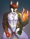 anthro claws crotch_tuft fire fur hair hands_on_legs kneeling looking_away male muscular nude solo tail tuft meneo fossilbrand canid canine canis mammal wolf portrait