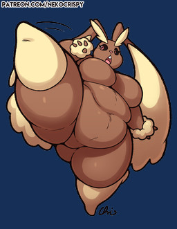 anthro belly big_belly big_breasts black_sclera breasts brown_body brown_fur buckteeth butt eyelashes featureless_breasts featureless_crotch female fur kick long_ears nude open_mouth overweight overweight_anthro overweight_female pink_eyes pink_nose raised_leg solo teeth text thick_thighs nekocrispy nintendo pokemon generation_4_pokemon lopunny pokemon_(species) 2026 alpha_channel hi_res signature url