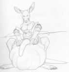 anthro duo feet happy hindpaw in_pouch male paws pouch_(anatomy) kangaroo-boy kangaroo macropod mammal marsupial monochrome