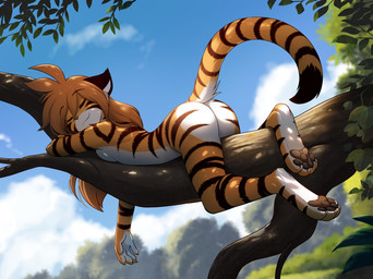anthro black_body black_fur blurred_background breast_squish breasts brown_hair butt casual_nudity claws cloud day detailed_background digitigrade eyebrow_through_hair eyebrows eyes_closed female finger_claws fur fur_markings hair leaf long_hair lying markings multicolored_body multicolored_fur nude on_front orange_body orange_fur outdoor_nudity outside pawpads paws plant side_boob sleeping sleeping_nude small_breasts smile solo squish striped_body striped_fur striped_markings striped_tail stripes tail tail_markings translucent translucent_hair tree white_body white_fur conditional_dnp tom_fischbach twokinds flora_(twokinds) felid feline keidran mammal pantherine tiger 2024 adobe_photoshop_(artwork) colored digital_media_(artwork) hi_res