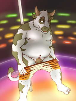 anthro belly black_body black_fur clothing fur humanoid_hands kemono male moobs navel nipples overweight overweight_anthro overweight_male pole pubes solo stripper stripper_pole underwear undressing white_body white_fur poisonkinoko bovid bovine cattle dairy_cattle holstein_friesian_cattle mammal 2010 3:4