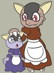 1_fang 2020 2_claws 2_fingers 3_claws 3_fingers 3_toes :o anthro anthrofied apron arms_out baby_kangaskhan bald barefoot belt bent_arm bent_wrist big_breasts big_eyes big_hands black_body black_head breast_outline breasts brown_body brown_clothing brown_dress caring chibi claws closed_smile clothed clothing digital_media_(artwork) dress duo ears_down evolutionary_family exposed_teeth extended_arms eye_contact eyelashes facial_markings fangs feet female finger_claws fingers flat_chested forehead_markings generation_1_pokemon grey_background grey_eyes grey_head hand_on_another's_head hand_on_head head_markings head_spikes hi_res kangaskhan long_sleeve_dress long_sleeves looking_aside looking_at_another looking_down looking_down_at_another looking_up looking_up_at_another macropod mammal markings marsupial motherly mouth_closed mythrica nintendo non-mammal_breasts noseless open_mouth pigeon_toed pink_eyes pink_tongue pivoted_ears pockets pokemon pokemon_(species) pokemorph prick_ears puffy_dress puffy_shoulders puffy_sleeves purple_body purple_clothing purple_dress purple_tail red_eyes reptile ribbons sash scalie simple_background size_difference slit_nostrils small_breasts smile smiling_at_another snaggle_tooth snout spikes spikes_(anatomy) standing surprised_expression tail tan_background tan_body tan_ears teeth toe_claws toes tongue white_apron white_belt white_claws white_clothing white_dress white_ribbon white_sash wide_dress wide_hips yellow_ears