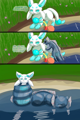 bite coiling dialogue duo feral size_difference slime speech_bubble tail tail_coil text lewdkitten069 elemental_creature 2:3 absurd_res comic english_text hi_res