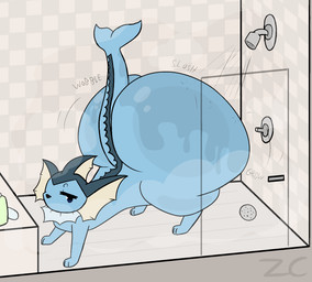 ambiguous_gender bathing big_butt blue_body bottom_heavy butt butt_expansion expansion feral huge_butt hyper hyper_butt inside motion_lines shower showering slosh sloshing_butt solo swelling water_absorption wet wet_body zerocloak nintendo pokemon eeveelution generation_1_pokemon pokemon_(species) vaporeon 2026 hi_res