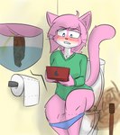 anthro bathroom bite biting_lip blue_eyes blush bodily_fluids breasts clothed clothing countershading electronics fart fart_cloud fart_fetish feces female fur game_console gaming genital_fluids hair handheld_console holding_console holding_object leaning panties panties_down partially_clothed peeing pink_body pink_fur playing_video_game pooping scatplay simple_background sitting solo sweater toilet toilet_paper toilet_plunger toilet_use topwear underwear underwear_down urine notmypornaccount vg_cats aeris_(vg_cats) domestic_cat felid feline felis mammal absurd_res digital_media_(artwork) hi_res