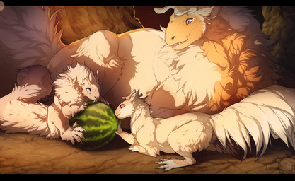 ambiguous_gender black_bars blue_eyes claws female feral food fruit fur group horn melon pink_eyes plant smile tail watermelon young grypwolf mythology dragon furred_dragon furred_scalie kukuri mythological_creature mythological_scalie scalie 2017 digital_drawing_(artwork) digital_media_(artwork)