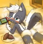 anthro bed blue_eyes blush butt clothing electronics fart food fur furniture game_console hair male plant presenting presenting_hindquarters smell solo sweet_potato underwear vegetable white_body white_fur young young_anthro riroburo nintendo nintendo_switch kambu_the_skunk mammal mephitid skunk hi_res