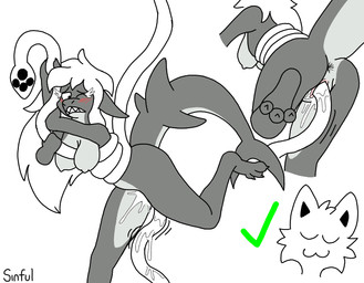 after_transformation anthro black_bottomwear black_clothing black_pants blush bodily_fluids bottomwear brown_hair clothing cum cum_in_vagina cum_inside duo ejaculation female forced forced_transformation gender_transformation genital_fluids genitals goo_transformation grey_body hair heart_symbol latex latex_transformation male male/female mtf_transformation nude pants penetration sex tentacle_in_vagina tentacle_penetration tentacle_sex tentacles transformation vaginal vaginal_penetration vulva white_body sinful_drawz changed_(video_game) lin_(changed) squid_dog_(changed) tiger_shark_(changed) aquatic fish human mammal shark
