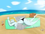 5_fingers 5_toes anthro basket beach beach_towel bent_arm bent_legs beverage_can big_butt bikini biped black_bikini black_clothing black_swimwear blonde_eyebrows blonde_hair blue_body blue_scales braided_hair butt clothed clothing cloud container eyebrows eyes_closed feathered_wings feathers feet female fingers gesture grey_body grey_feathers hair happy head_turned humanoid_feet humanoid_hands long_hair looking_at_viewer lying on_front open_mouth open_smile outside picnic_basket plantigrade sand scales seashell shell smile solo sunscreen swimwear toes towel two-piece_swimsuit water wings arkgarcia1 cavemanon_studios snoot_game samantha_(snoot_game) prehistoric_species pterodactylus pterosaur reptile scalie 2024 4:3 artist_name colored hi_res