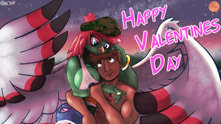 anthro areola areola_slip beak belly big_breasts blue_eyes blush bottomwear bracelet breast_squish breasts camo camo_clothing camo_print clothing daisy_dukes denim denim_bottomwear denim_clothing denim_shorts digit_ring duo electronics erect_nipples feather_hair feathers female green_body hair holidays hotpants hug human_on_anthro interspecies jewelry male male/female markings moon muscular muscular_male necklace nipple_outline nipples pattern_clothing phone pink_hair pseudo_hair ring ring_(jewelry) shirt shorts sky smile smiling_at_another smiling_at_each_other smiling_at_partner squish tank_top topwear wedding_ring wings cosmonaut nintendo pokemon valentine's_day zemmy_(cosmonaut) generation_2_pokemon human mammal pokemon_(species) xatu 16:9 hi_res widescreen