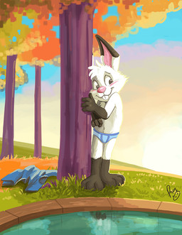 anthro black_body black_fur blue_bottomwear blue_briefs blue_clothing blue_seam_briefs blue_underwear bottomwear briefs briefs_only clothed clothing day dipstick_ears ear_markings enhibitionism front_view fur gloves_(marking) grass leg_markings logo male male_anthro markings mouth_closed multicolored_ears outside pink_inner_ear pink_nose plant socks_(marking) solo swimming_pool topless tree underwear underwear_only white_body white_fur young young_anthro young_male pandapaco lagomorph leporid mammal rabbit artist_logo signature