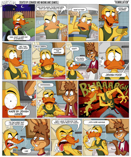 anthro baking_soda bloodshot_eyes blue_eyes bodily_fluids clothed clothing detailed_background dialogue drugs duo eating eating_food gesture grin hand_gesture humor hypocrite kitchen kitchen_utensils male marijuana marijuana_leaf nazi night pointing pointing_at_another profanity shirt smile swastika tank_top text tools topwear vomit xamoel doug_(xamoel) tommer_(xamoel) anatid anseriform avian bird duck lagomorph leporid mammal rabbit comic english_text