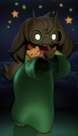 anthro bed bed_sheet bedding claws clothing dark finger_to_mouth furniture horn looking_at_viewer male open_mouth paws pillow plushie robe scarf smile solo star teddy_bear inkune deltarune undertale_(series) ralsei bovid caprine goat mammal absurd_res hi_res