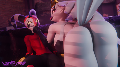 anthro beak big_breasts bottomwear bra breasts butt butt_focus clothed clothed_anthro clothed_humanoid clothing crown duo eye_contact eyelashes feather_hair feathers female female_anthro forehead_tattoo furniture hand_on_face headgear horn inside leaning leaning_forward legs_together long_eyelashes looking_at_another male male_humanoid markings panties pants pink_beak pink_sclera pseudo_hair pupils red_body red_clothing red_eyes red_shirt red_skin red_topwear shirt slit_pupils sofa striped_horn stripes text thick_thighs tight_clothing tight_shirt tight_topwear topwear underwear underwear_only white_body white_eyes white_feathers white_markings yellow_sclera lpyro9 chocoscorner_(modeler) valorlynz_(modeler) hellaverse helluva_boss blitzo_(helluva_boss) stella_(helluva_boss) avian avian_demon bird demon humanoid imp 16:9 3d_(artwork) artist_name digital_media_(artwork) hi_res widescreen