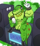 abs absurd_res anthro balls boombox chain clothing countershading crocodile crocodilian dg254 digital_media_(artwork) electronics flaccid foreskin genitals gloves green_body handwear headphones hi_res humanoid_genitalia humanoid_penis male muscular muscular_anthro muscular_male nipples non-mammal_balls non-mammal_nipples nude partially_retracted_foreskin penis reptile scalie sega simple_background smile solo sonic_the_hedgehog_(series) vector_the_crocodile