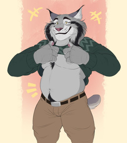 4_fingers aged_up anthro belly black_eyebrows black_markings body_hair bottomwear brown_bottomwear brown_clothing brown_pants cheek_tuft clothed clothing clothing_lift eyebrows facial_tuft fingers fur green_clothing green_sweater green_topwear grey_body grey_fur happy_trail inner_ear_fluff looking_at_viewer male markings mature_anthro mature_male navel pants pawpads pink_nose pink_pawpads presenting_belly short_tail smile smiling_at_viewer solo sweater sweater_lift tail thick_eyebrows topwear tuft whiskers yellow_eyes thediyemi disney zootopia pawbert_lynxley felid feline lynx mammal colored colored_sketch digital_drawing_(artwork) digital_media_(artwork) guide_lines hi_res sketch