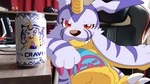 animal_skin anthro belly belly_markings claws fur horn looking_at_viewer male markings photo_background red_eyes sitting slightly_chubby solo striped_body striped_fur stripes yellow_body dahecksajerry bandai_namco digimon digimon_(species) gabumon photography_(artwork)