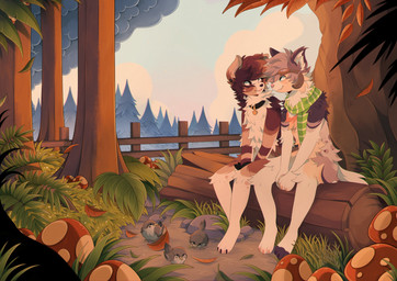 anthro chest_tuft cloud collar collar_only day detailed_ambient_creature detailed_background duo_focus eye_contact fence feral fungus fur group log looking_at_another mostly_nude mushroom nude outside plant scarf scarf_only sitting sky smile tree tuft wood sherwind ambient_bird avian bird canid canine canis domestic_dog mammal 2020 warm_colors