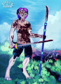 anthro black_body black_ears black_fur black_tail blood blood_on_arm blood_on_clothing blood_on_face blood_on_ground blood_on_hand blood_on_weapon blood_splatter blue_bottomwear blue_clothing blue_shorts bodily_fluids bottomwear clothing collarbone death decapitation detailed_background digit_ring digitigrade dismembered dismemberment dual_wielding eyewear fingerless_(marking) fur glasses gore hair holding_melee_weapon holding_object holding_sword holding_weapon jewelry looking_at_viewer melee_weapon messy_hair multicolored_body multicolored_fur naginata no_shoes outside pawpads plant polearm purple_hair red_eyes ring shirt shorts shrub solo spots standing sword t-shirt tail topwear two_tone_body two_tone_fur weapon wedding_ring white_body white_face white_fur stellaamoris arian_the_dalmatian canid canine canis dalmatian domestic_dog mammal absurd_res digital_drawing_(artwork) digital_media_(artwork) full-length_portrait hi_res portrait