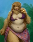 anthro belly bikini clothed clothing eyewear female glasses looking_at_viewer open_mouth open_smile outside overweight smile solo standing swimwear two-piece_swimsuit rayoutofspace hare lagomorph leporid mammal absurd_res hi_res