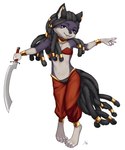 anthro bandeau barefoot black_body black_ears black_fur black_hair bottomwear claws clothing cosplay dreadlocks feet front_view fur hair holding_khopesh holding_melee_weapon holding_object holding_sword holding_weapon khopesh melee_weapon midriff multicolored_body multicolored_fur open_mouth purple_eyes red_bottomwear red_clothing red_topwear solo sword teeth tongue topwear weapon young young_anthro aogami shantae_(series) wayforward ankha_(ajdurai) shantae african_golden_wolf canid canine canis egyptian_wolf mammal 2022 alternate_version_at_source full-length_portrait hi_res portrait signature