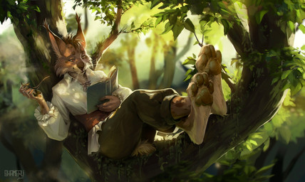 anthro barefoot book bottomwear claws clothing ear_tuft feet female finger_claws fur hair leaf nature_background pants pawpads paws plant reading reading_book sash shirt short_tail sitting_on_tree smoking_pipe solo spots tail tan_body tan_fur topwear tree tuft tunic whiskers shamerli shio_(airbourne) felid feline lynx mammal 2021 digital_media_(artwork) hi_res