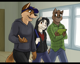 anthro black_bars chatting classmates group hallway jackaloo devin_fox jesse_cat melissa_cat canid canine domestic_cat felid feline felis fox mammal 5:4 absurd_res hi_res letterbox